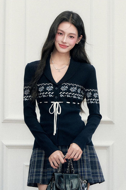 Navy Tie Closure Knit Top and Plaid Skirt Set-Up