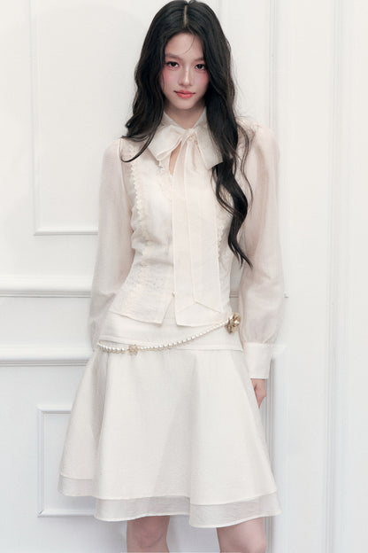 Ribbon Tie Cutout Top and A-Line Short Skirt Set-Up