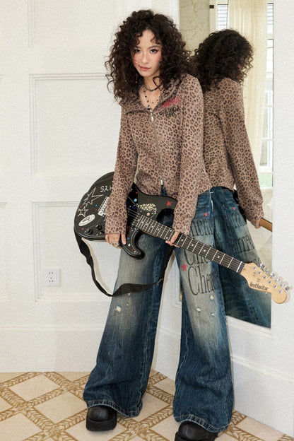Leopard Rhinestone Hooded Cardigan Set-Up
