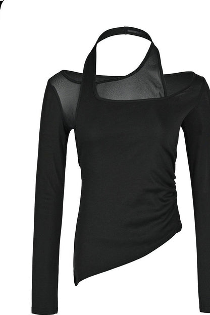 Layered-Look Spliced Halter Long-Sleeve T-Shirt