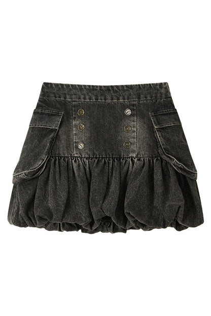 Black Denim Floral Puff Skirt