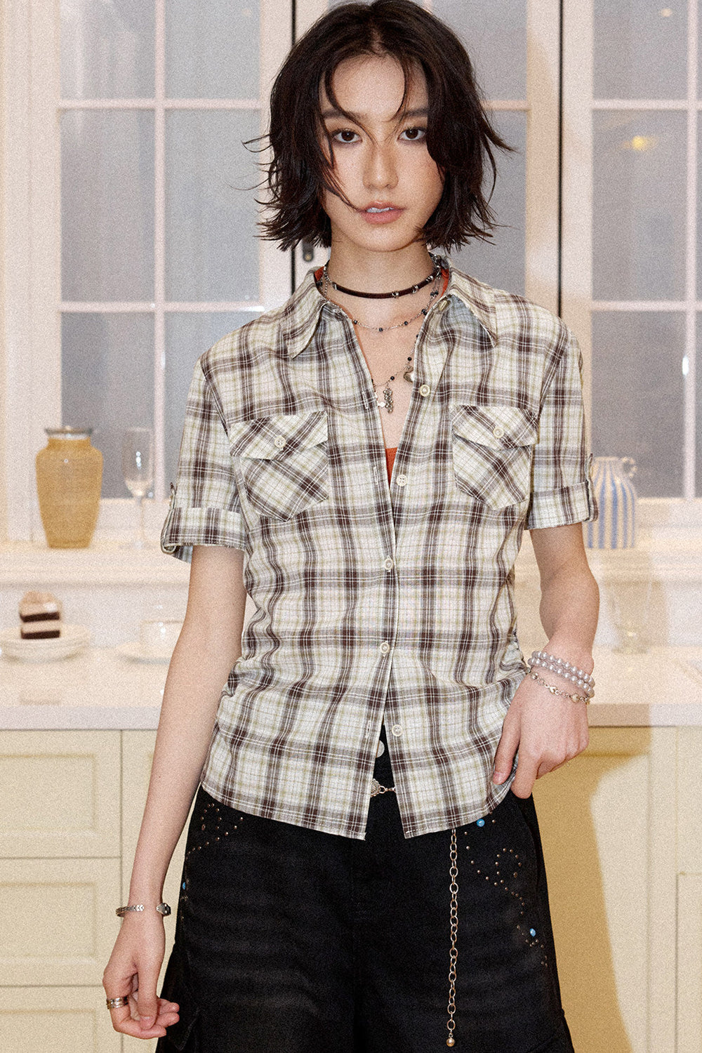 Color-Block Pocket Plaid Blouse
