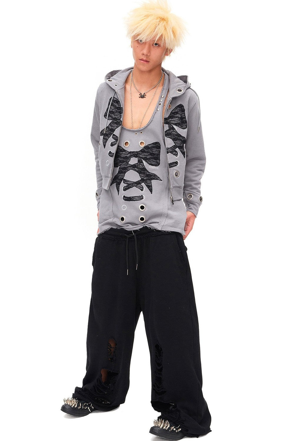 Distressed Lace Bow Hoodie