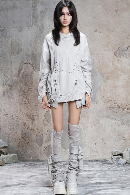 Loose Distressed Rivet Hooded Sweatshirt