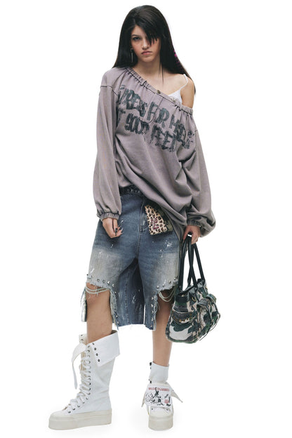 Cracked Graffiti Off-Shoulder T-Shirt