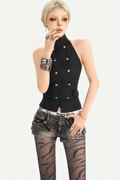 Sleeveless Backless Double-Breasted Halter Vest