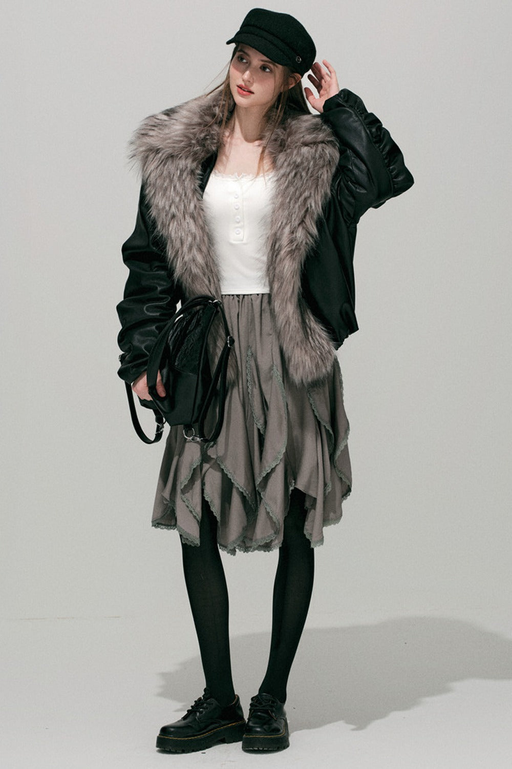 Large Fur Collar Leather Jacket