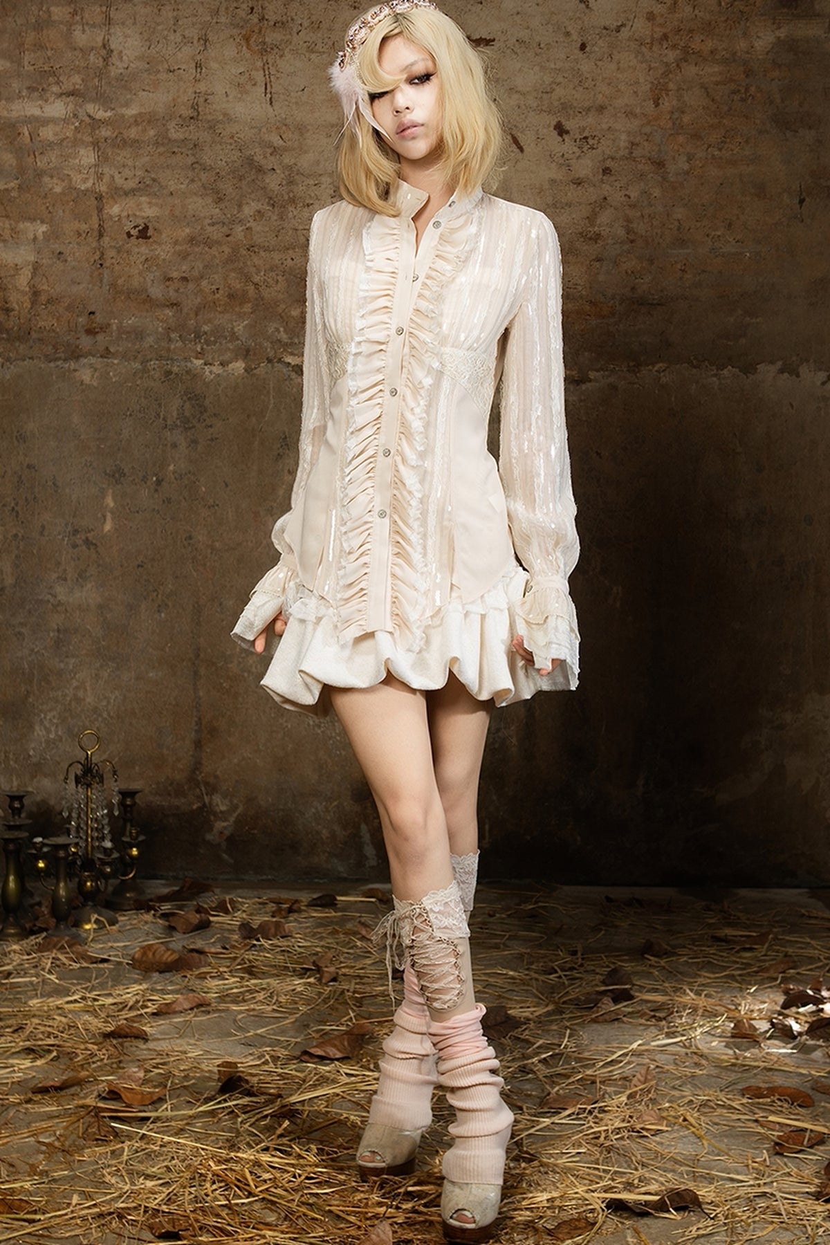 Lace Sequin Ruffle Gothic Shirt