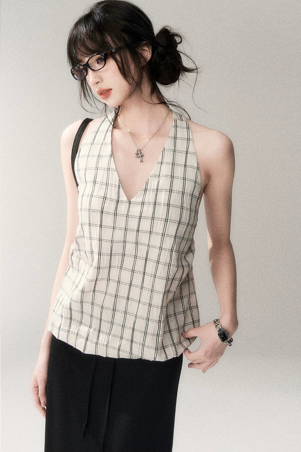 Textured Cotton Plaid Halter Camisole