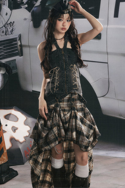 Retro Plaid Asymmetrical Denim Skirt