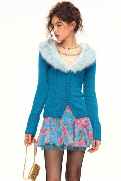 Printed Wool Knit Cardigan and Skirt Set-Up