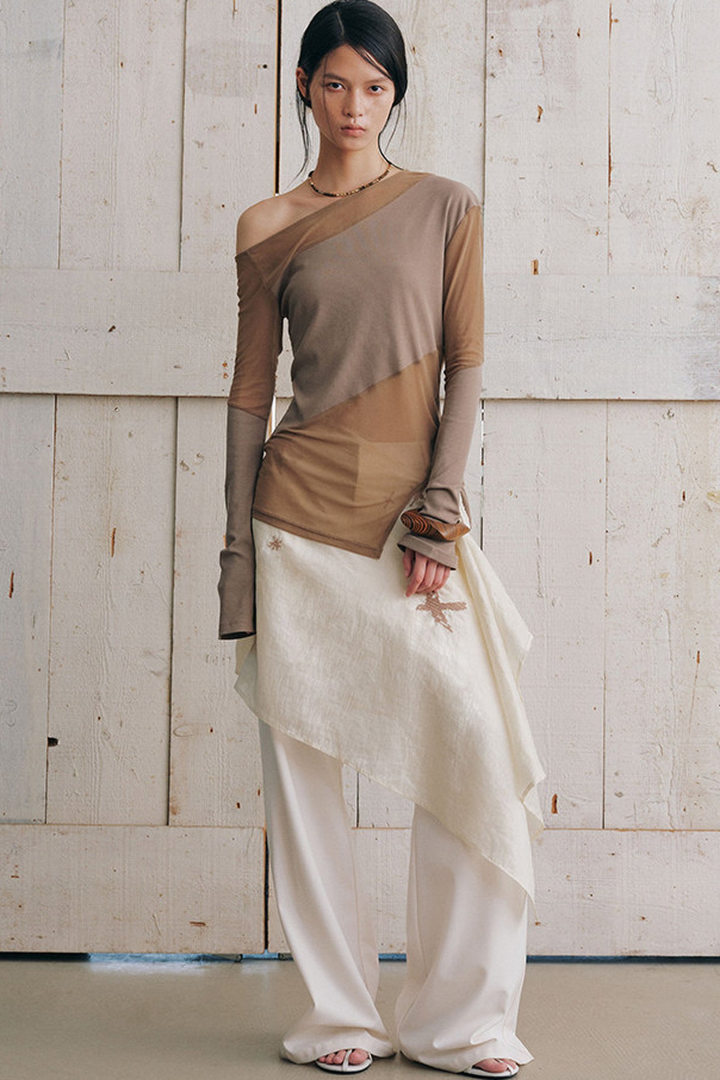 Asymmetrical Sheer Long Sleeve Blouse