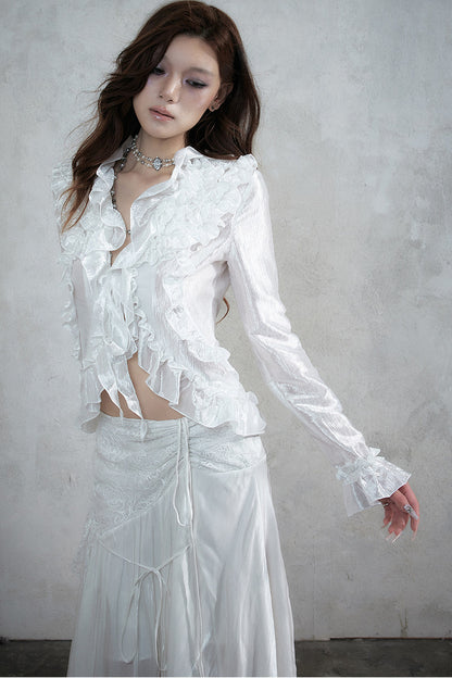 Ruffle Trim Tie Waist Long-Sleeved Blouse