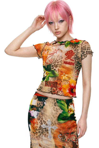 Completo con gonna a sirena in tessuto a rete con stampa leopardata
