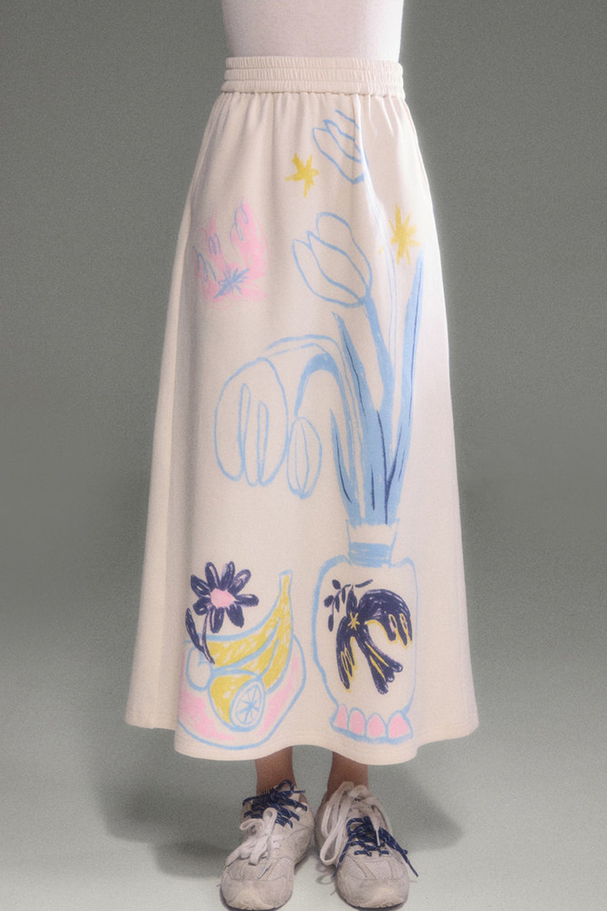 Ear Detail Bird Fruit Print Sweatshirt and Skirt Set-Up