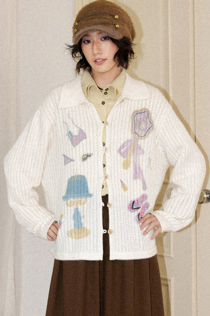 Perforated Long-Sleeved Vertical Stripe Printed Knit Set-Up