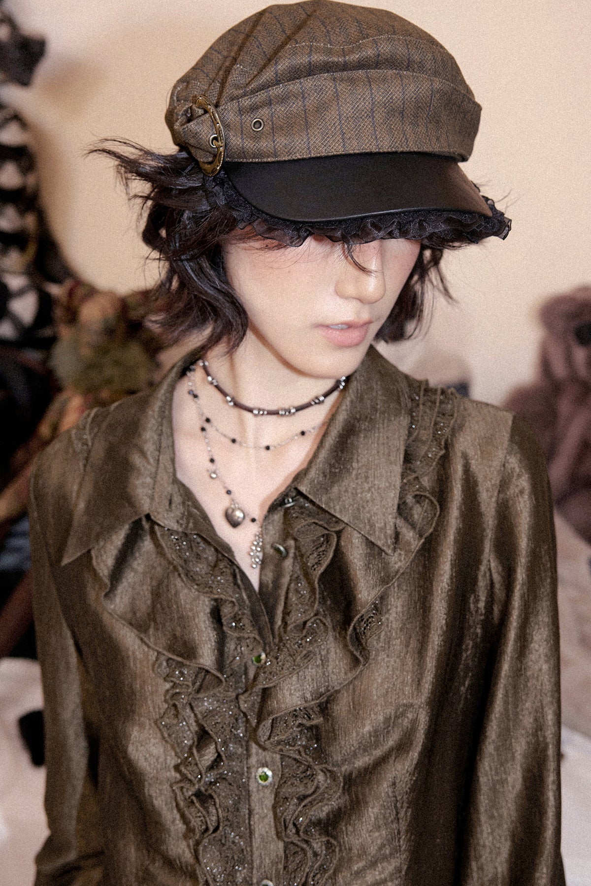 Metal Buckle Striped Flat Cap