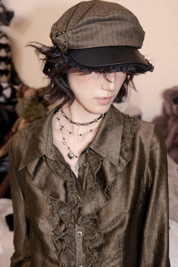 Metal Buckle Striped Flat Cap