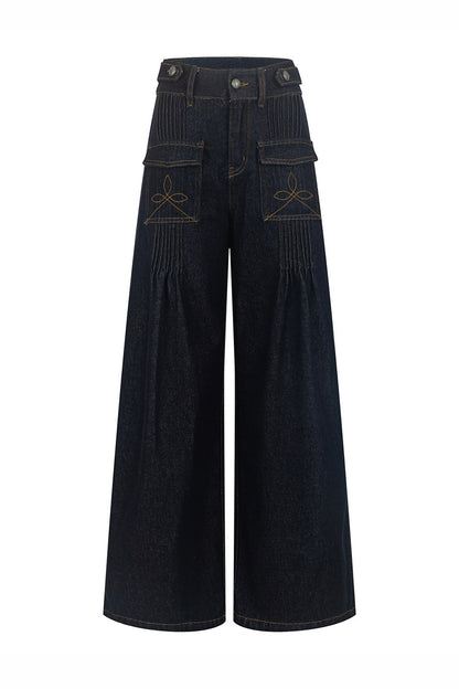 Pleated Pocket Wide Leg Jeans