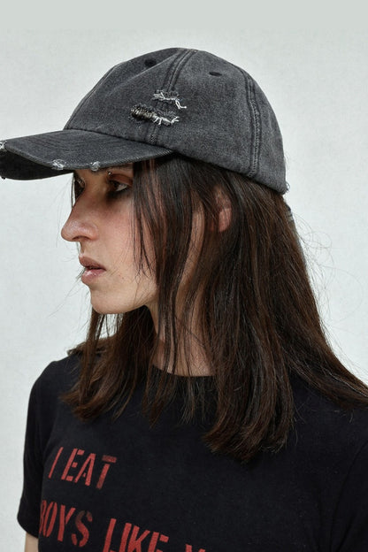 Ripped Plaid Studded Strap Baseball Cap