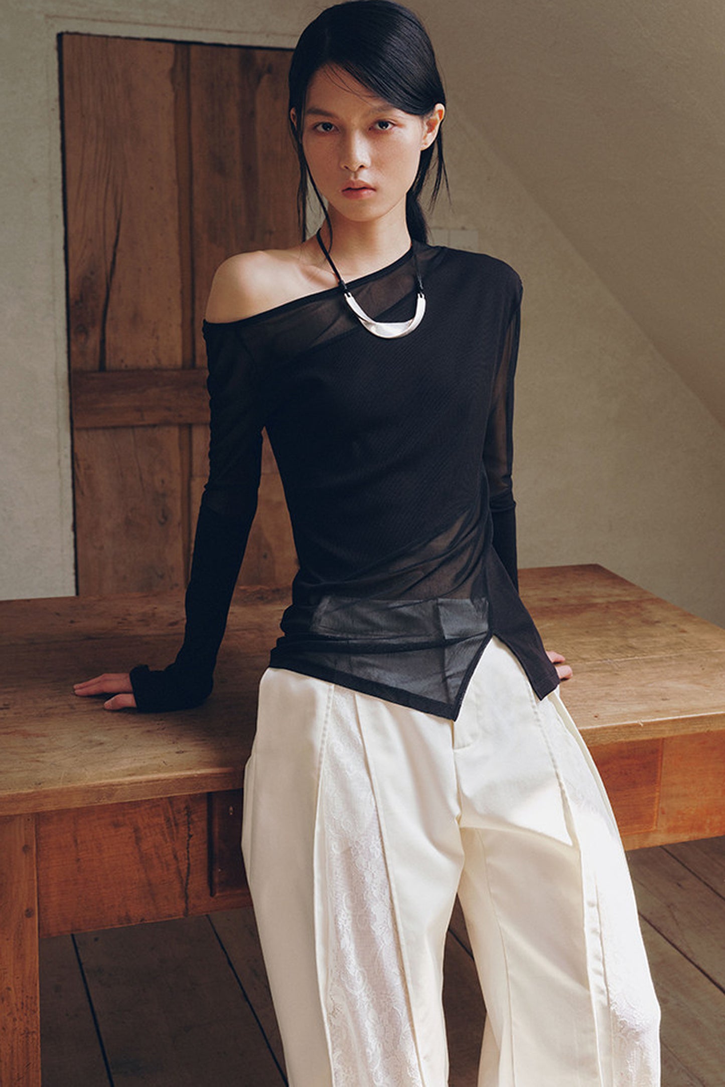 Asymmetrical Sheer Long Sleeve Blouse