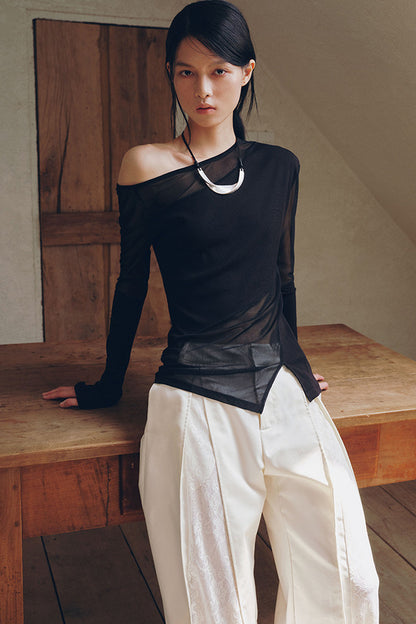 Asymmetrical Sheer Long Sleeve Blouse