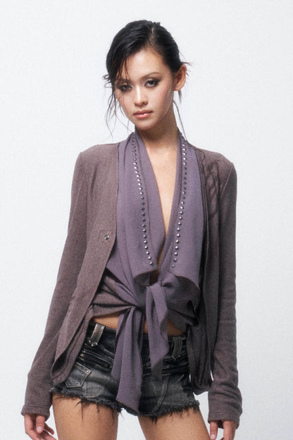 Layered-Look Knit Chiffon Cardigan