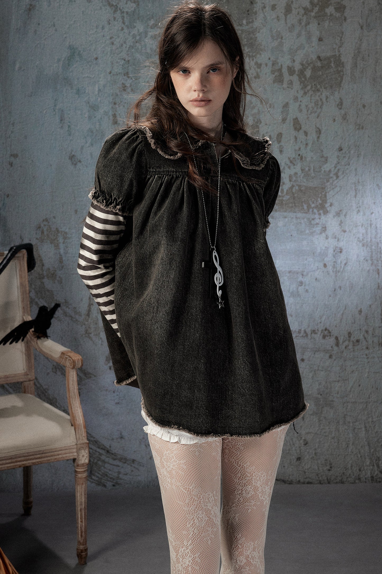 Robe en denim patchwork à rayures