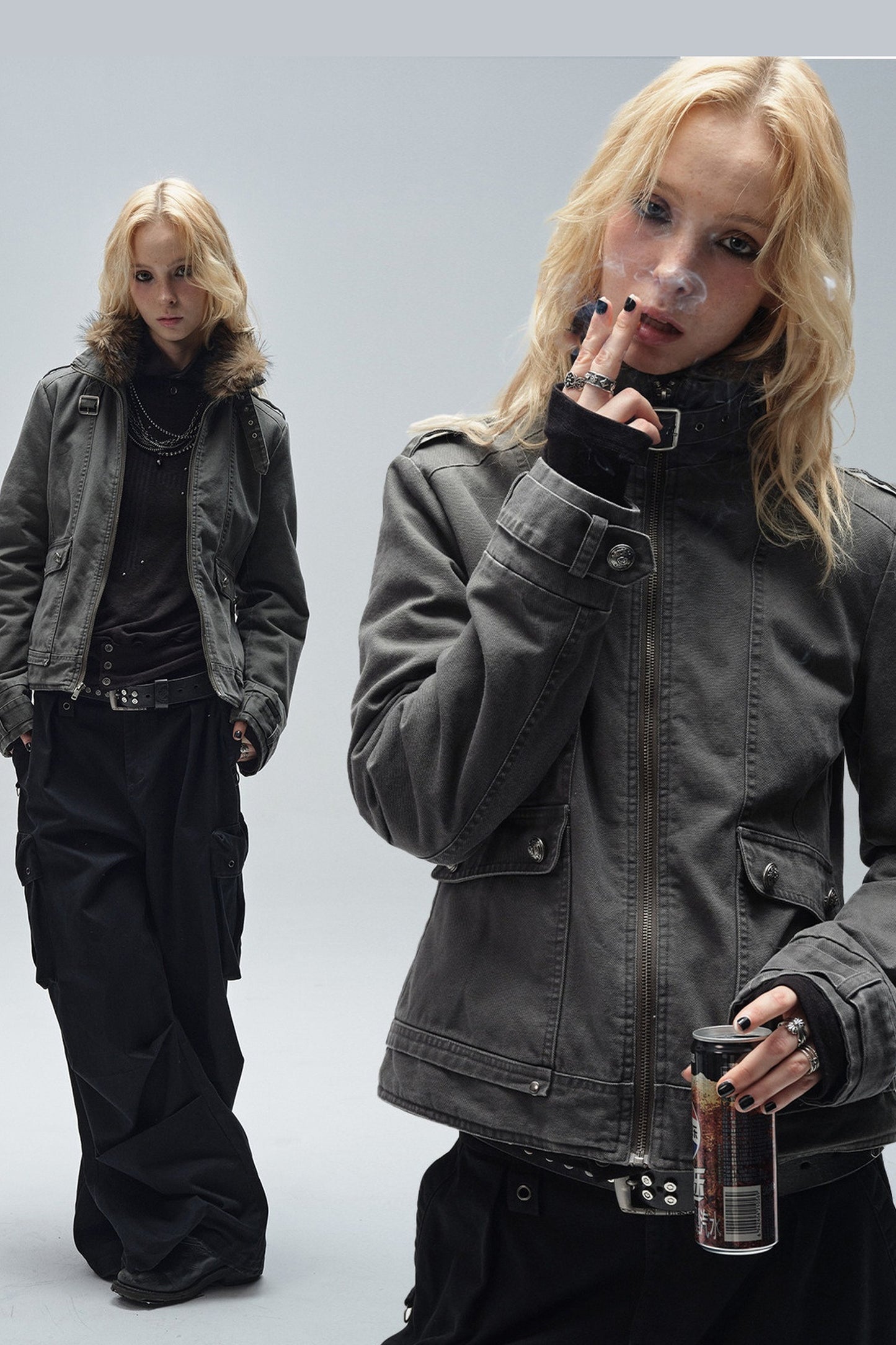 Detachable Fur Collar Punk Jacket