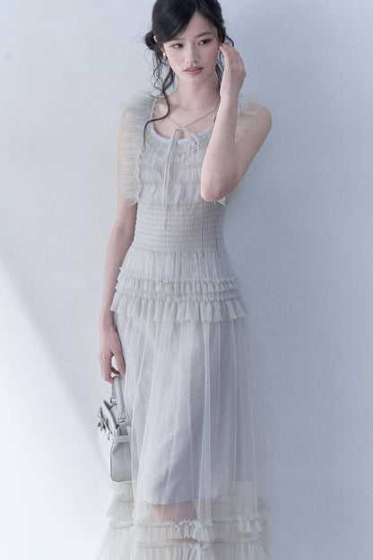 Pleated Lace Flutter Sleeve Dress