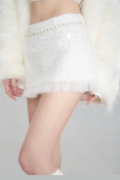 Snow Mountain Silver-White Long-Haired Fur Coat and Skirt Set-Up