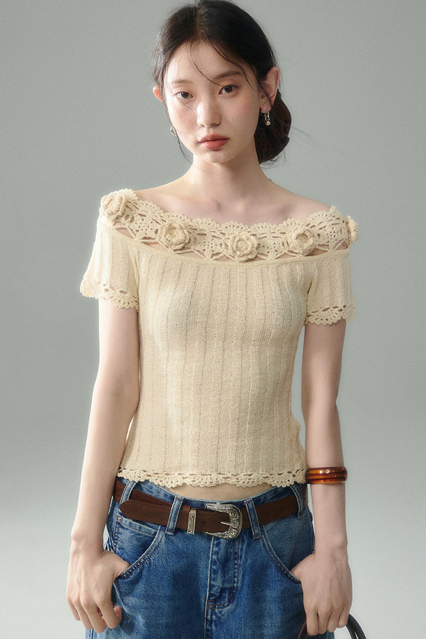 Handmade Crochet Camellia Off-Shoulder Knit Top
