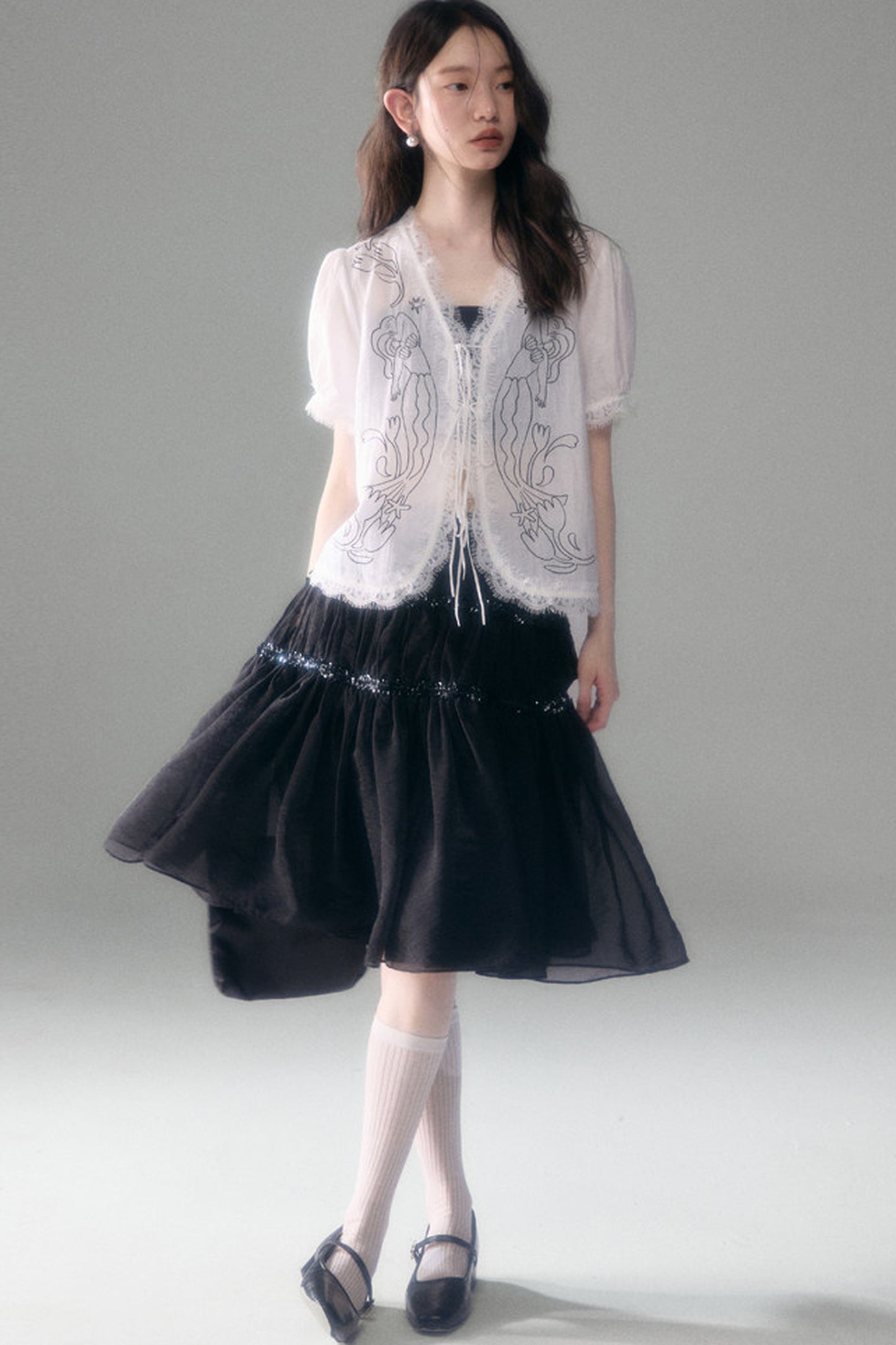 Mermaid Print Tencel Linen Short-Sleeve Shirt