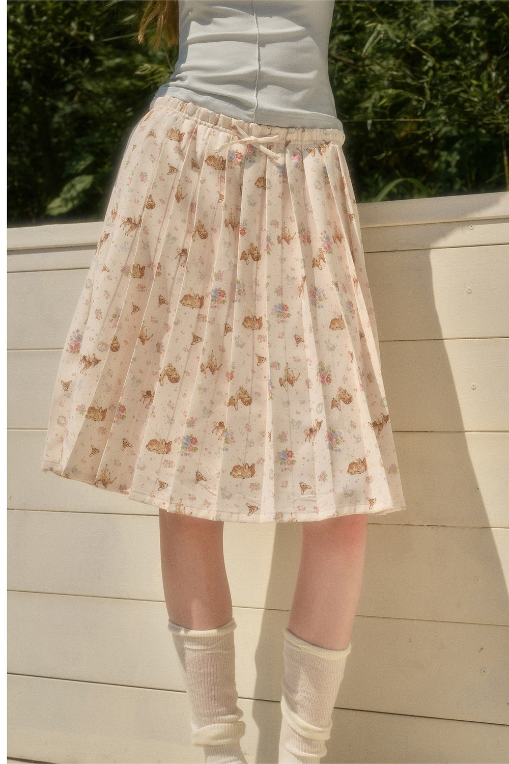 Elastic Waist Deer A-Line Pleated Skirt