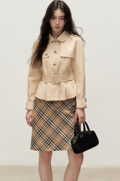 Cream Khaki Pleated A-Line Trench Coat