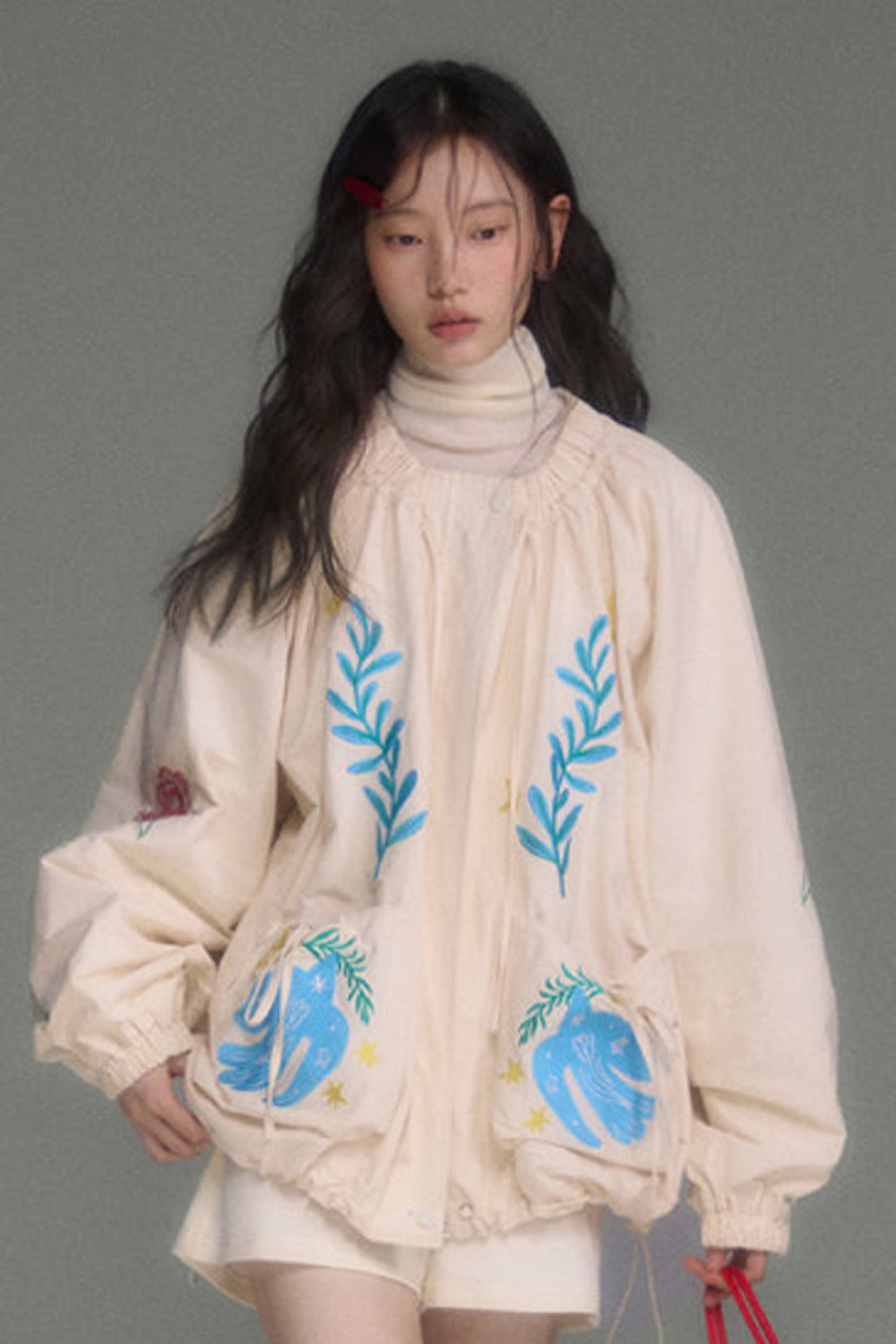 Loose Birds Olive Floral Embroidered Drawstring Jacket