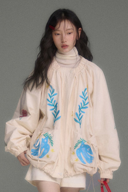 Loose Birds Olive Floral Embroidered Drawstring Jacket