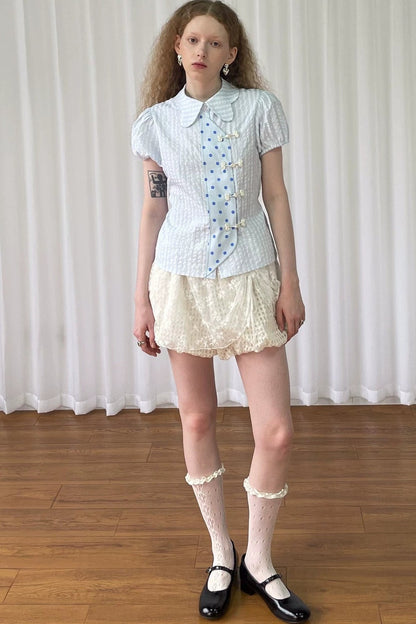 Blue Plaid Polka Dot Puff Sleeve Blouse