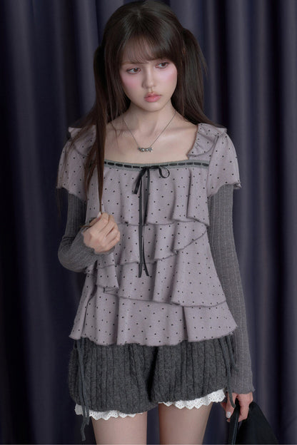 Gray-Purple Cake-Style Ruffle Long-Sleeved Knit Top