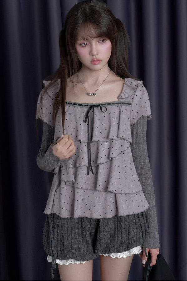 Gray-Purple Cake-Style Ruffle Long-Sleeved Knit Top
