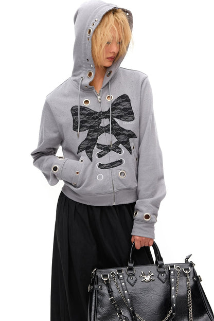 Distressed Lace Bow Hoodie
