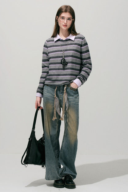 Loose Wide Leg Woven Belt Jeans