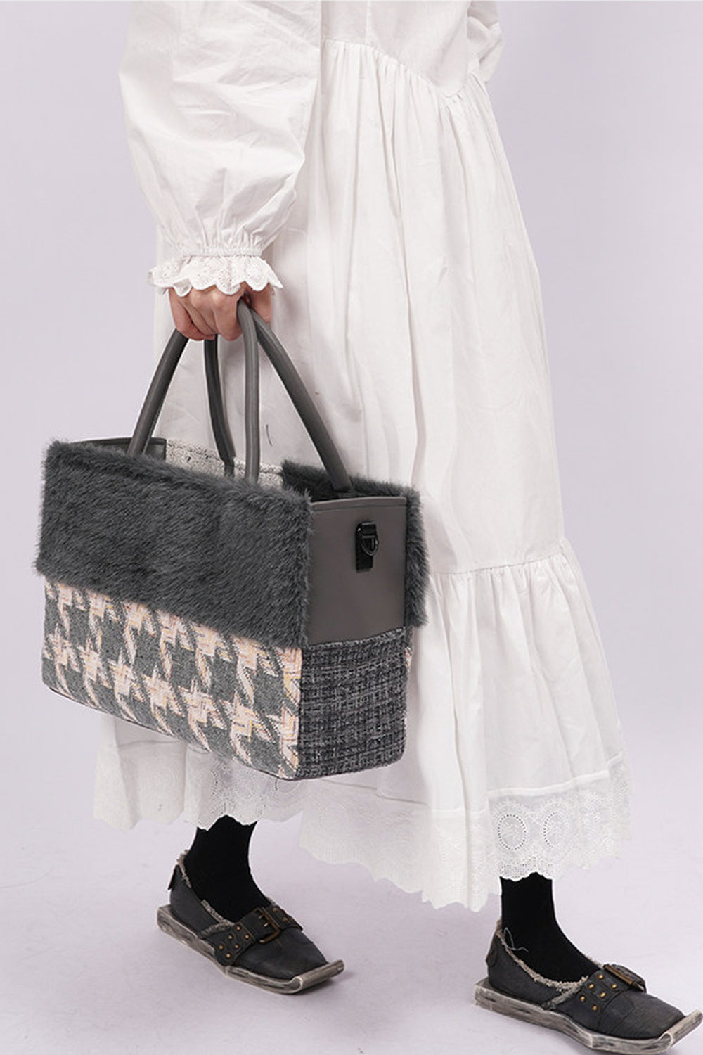Furry Color-Block Tote Bag