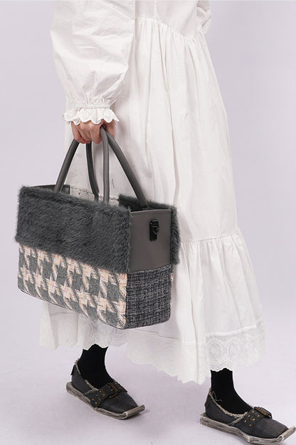 Furry Color-Block Tote Bag