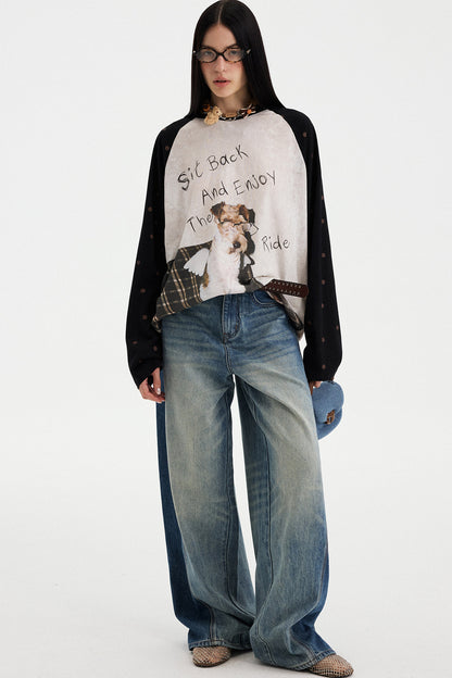 Puppy Print Colorblock Raglan Long Sleeve T-Shirt