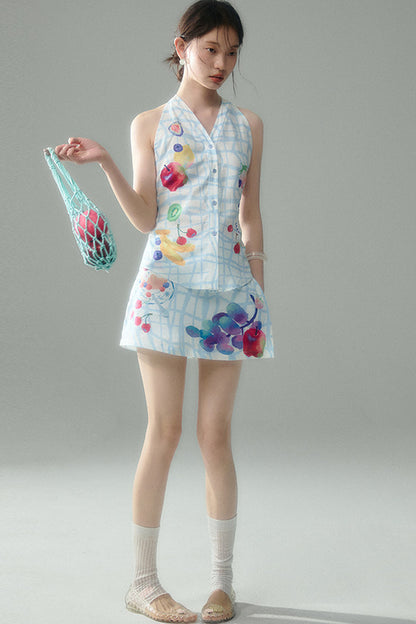 Fruit Print Halter Top and Skirt Set-Up
