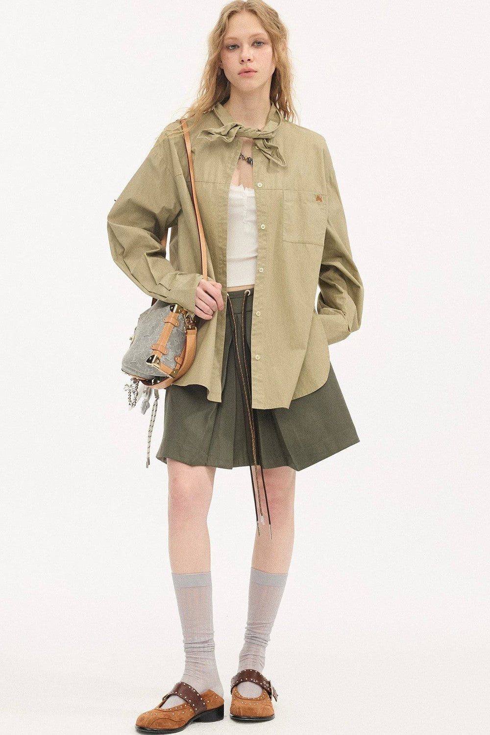 Washed Cotton Scarf-Style Blouse