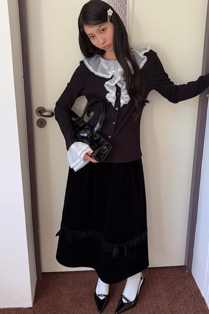 Black Velvet Bow Tie Midi Skirt