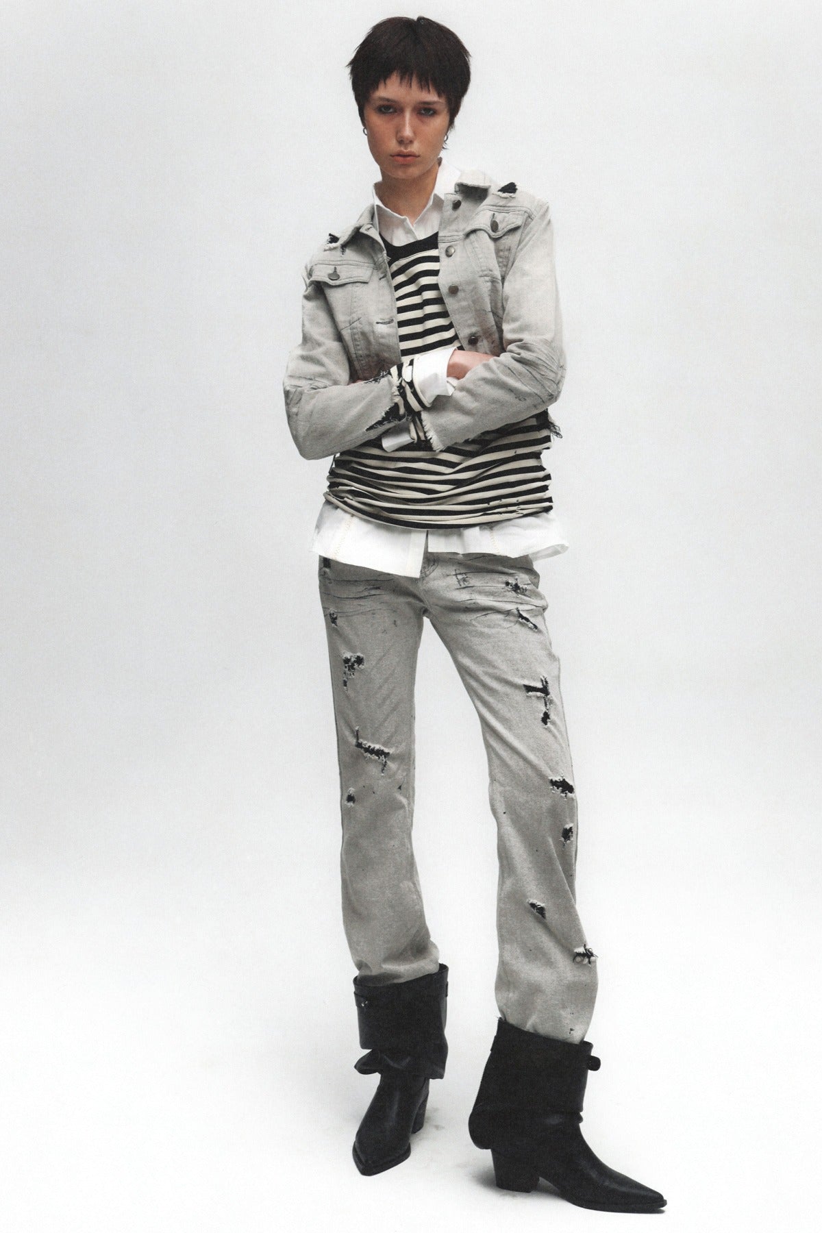Punk Grunge Distressed Denim Jacket and Jeans Set-Up