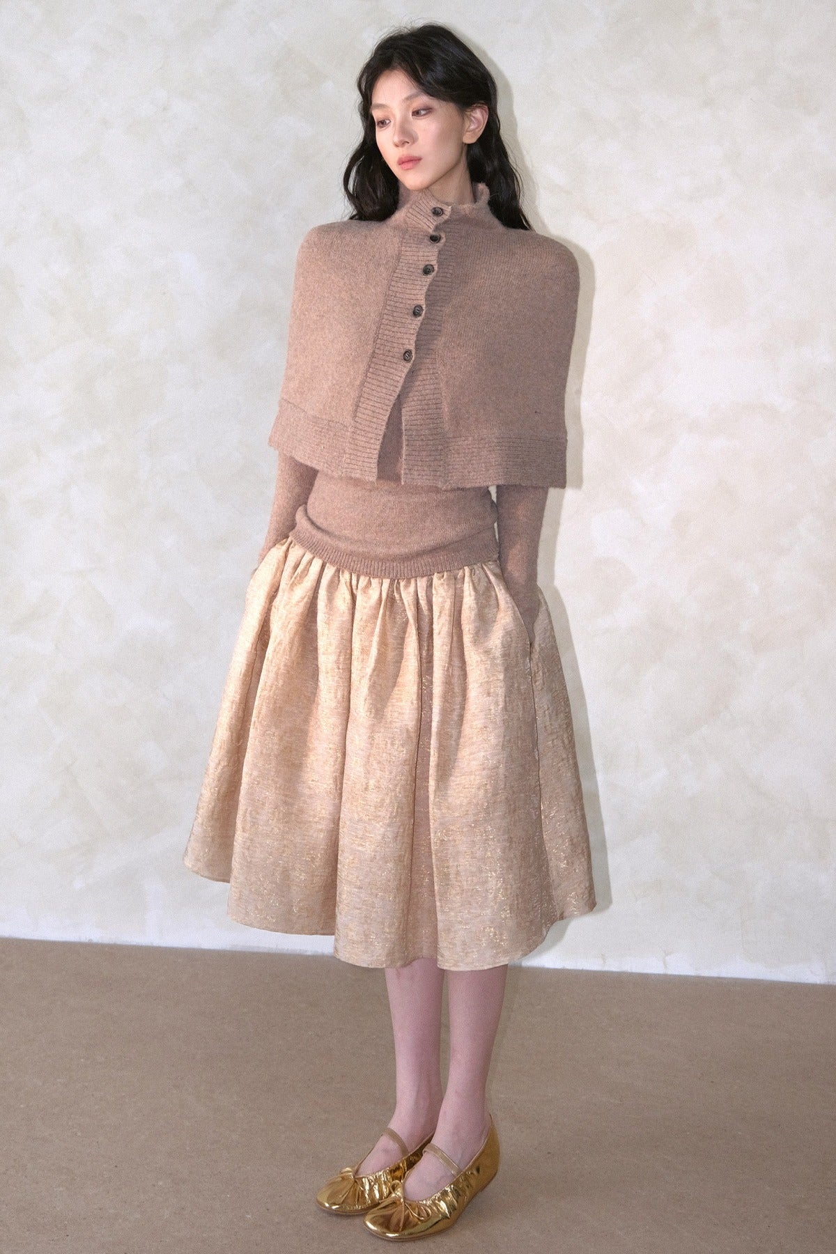 High Collar Button Cape Knit Top Set-Up